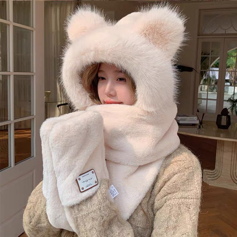 PLUSH WARM HAT IN BEIGE RABBIT FUR WITH FOX EARS 439588
