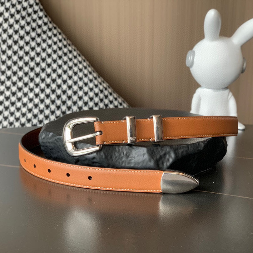 BELT 25MM MEDIUM WESTERN IN BROWN CALFSKIN SILVER BUCKLE