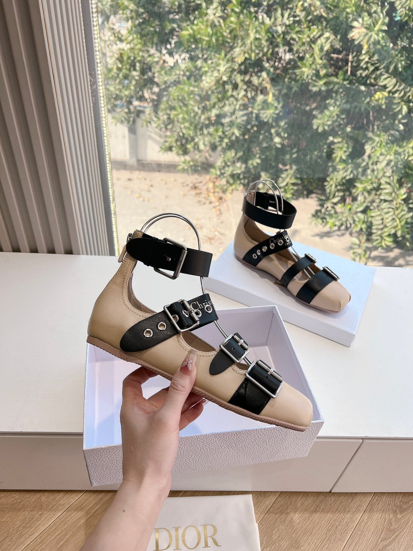 PUNK BALLET FLAT IN BLACK MIX CAMEL BEIGE CALFSKIN