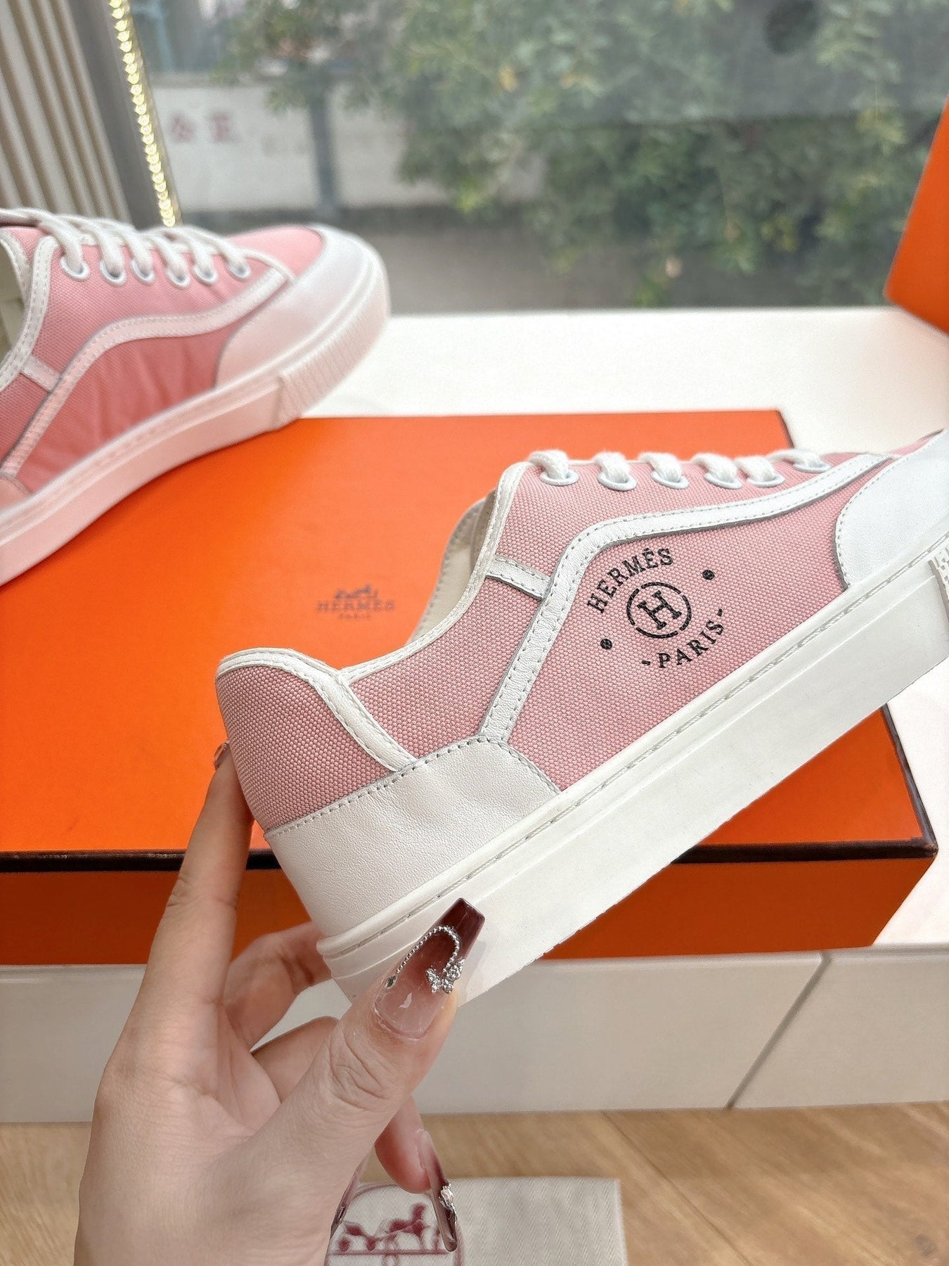 GET SNEAKER IN ROSE PINK MAXI CANVAS AND WHITE CALFSKIN