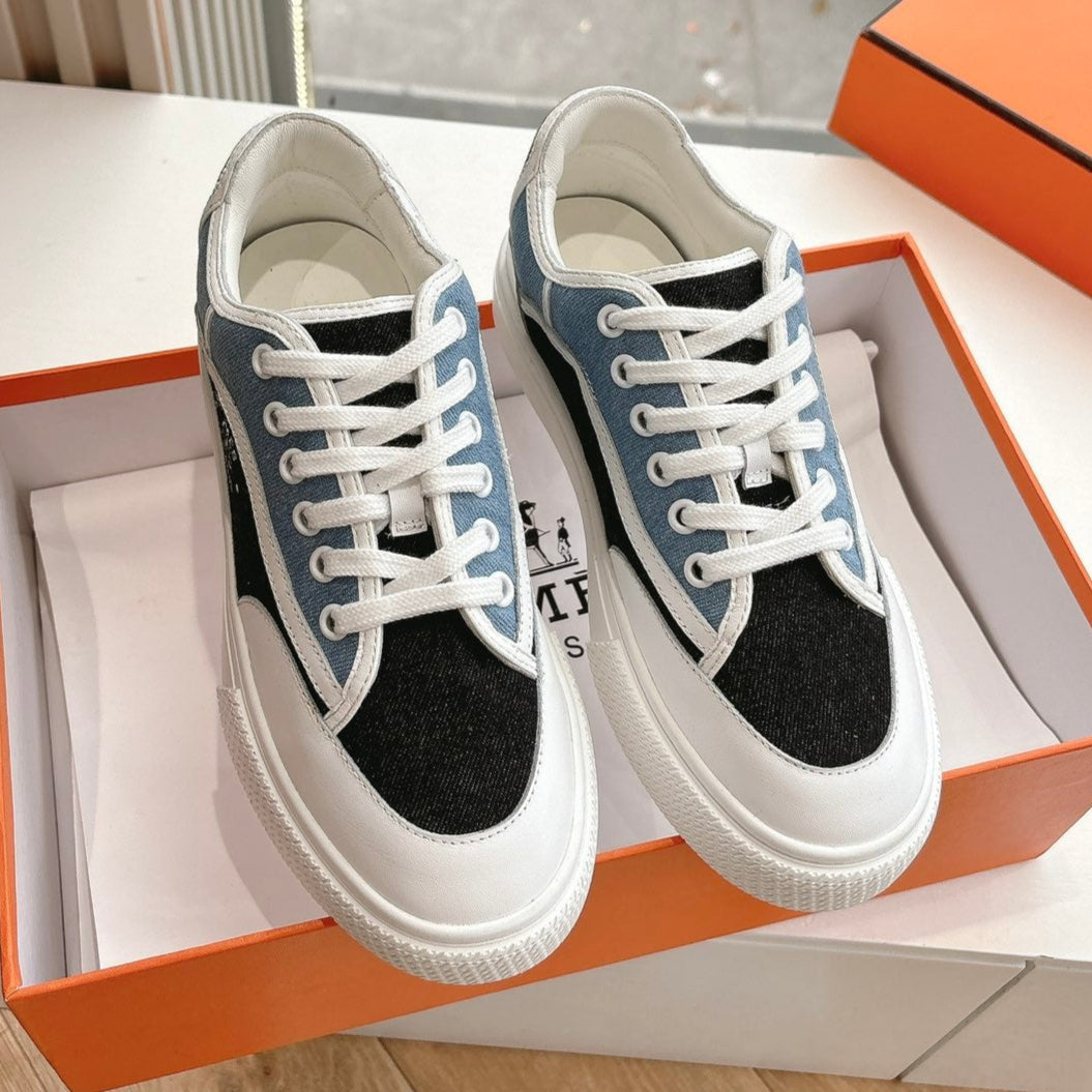 GET SNEAKER IN BLACK MIX LIGHT BLUE CANVAS AND CALFSKIN