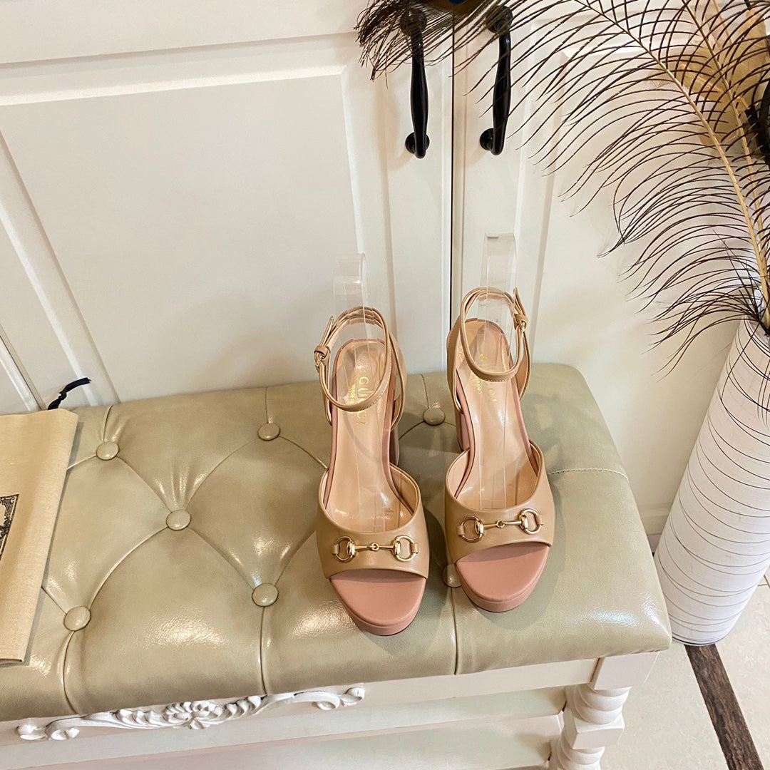 GG HORSEBIT PLATFORM SANDAL IN WHEAT BEIGE MIX LIGHT PINK SHEEPSKIN