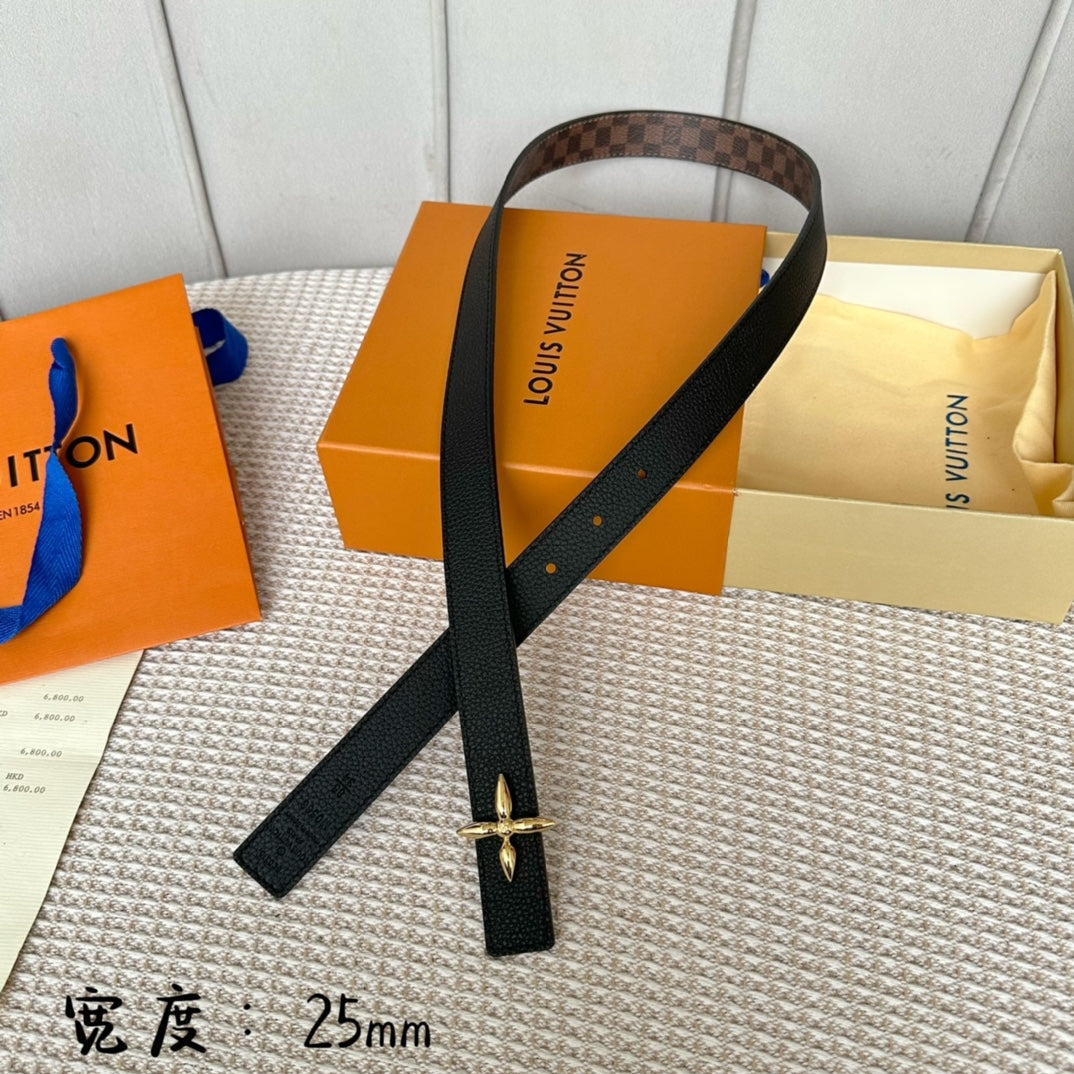 LV FLOWERGRAM 25 MM REVERSIBLE BELT IN BROWN DAMIER CALFSKIN GOLD HARDWARE