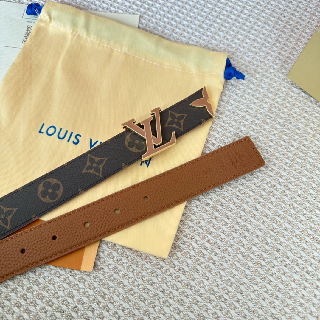 Pretty LV 30mm Reversible Belt Tan Gold Buckle Tan Brown Leather