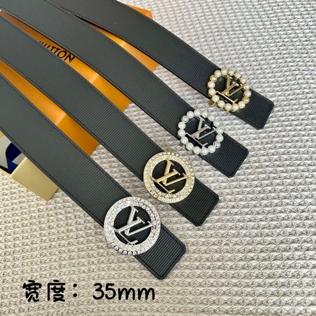 LV CIRCLE PEARL 35MM REVERSIBLE BELT IN BLACK CALFSKIN GOLD HARDWARE