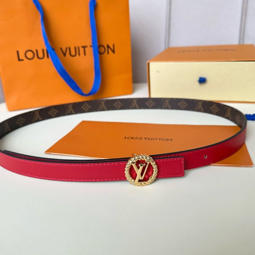 LV Circle Nautical 20mm Reversible Belt Gold Buckle Red Brown Lambskin
