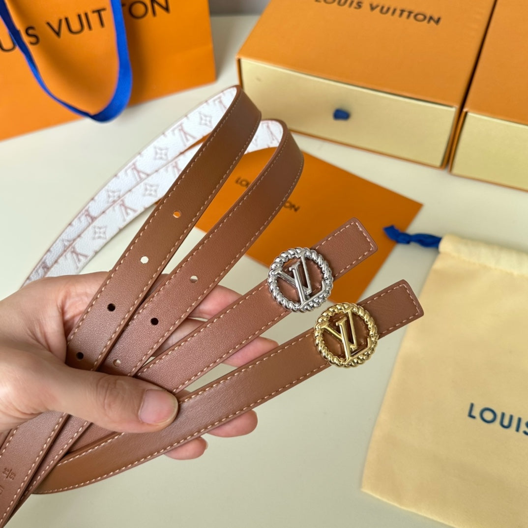 LV Circle Nautical 20mm Reversible Square End Tip Belt Silver Buckle Tan White lambskin
