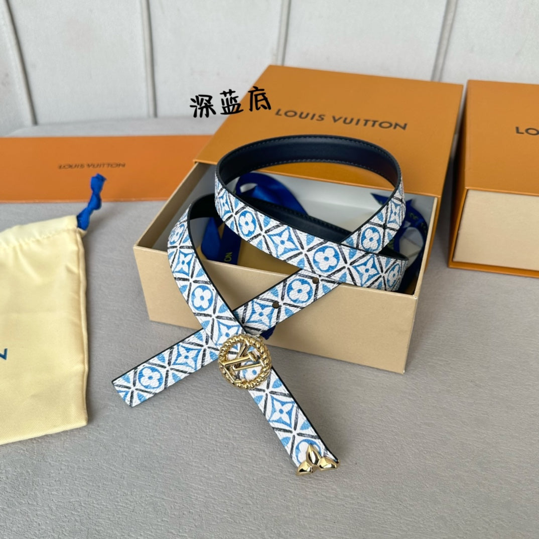 PRETTY LV 20MM REVERSIBLE BELT WHITE AND BLUE CALFSKIN GOLD HARDWARE