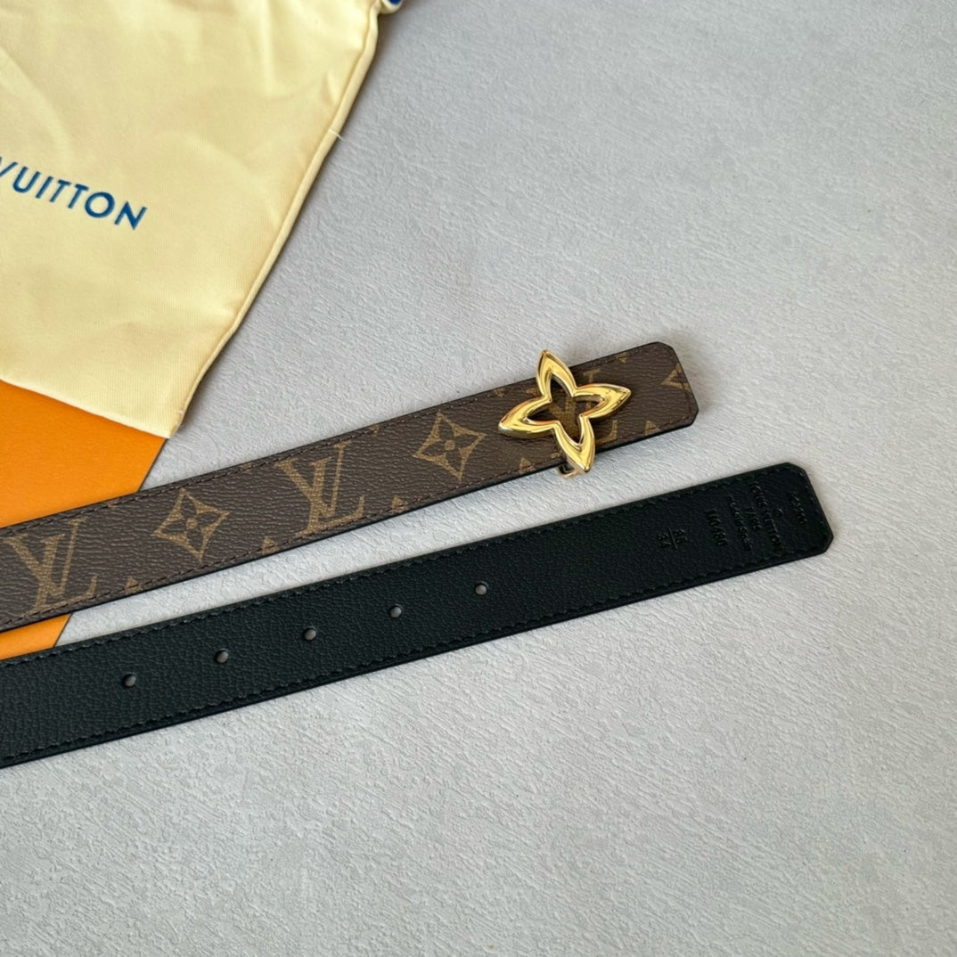 LV MINI FLOWERGRAM 30MM REVERSIBLE BELT IN BLACK CALFSKIN GOLD HARDWARE