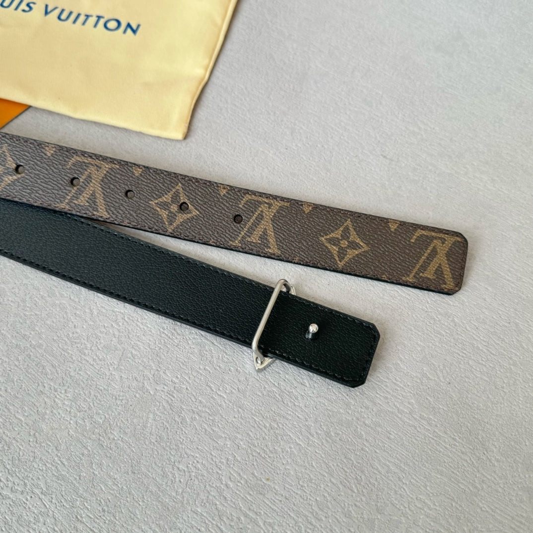 LV MINI FLOWERGRAM 30MM REVERSIBLE BELT IN BLACK CALFSKIN SILVER HARDWARE