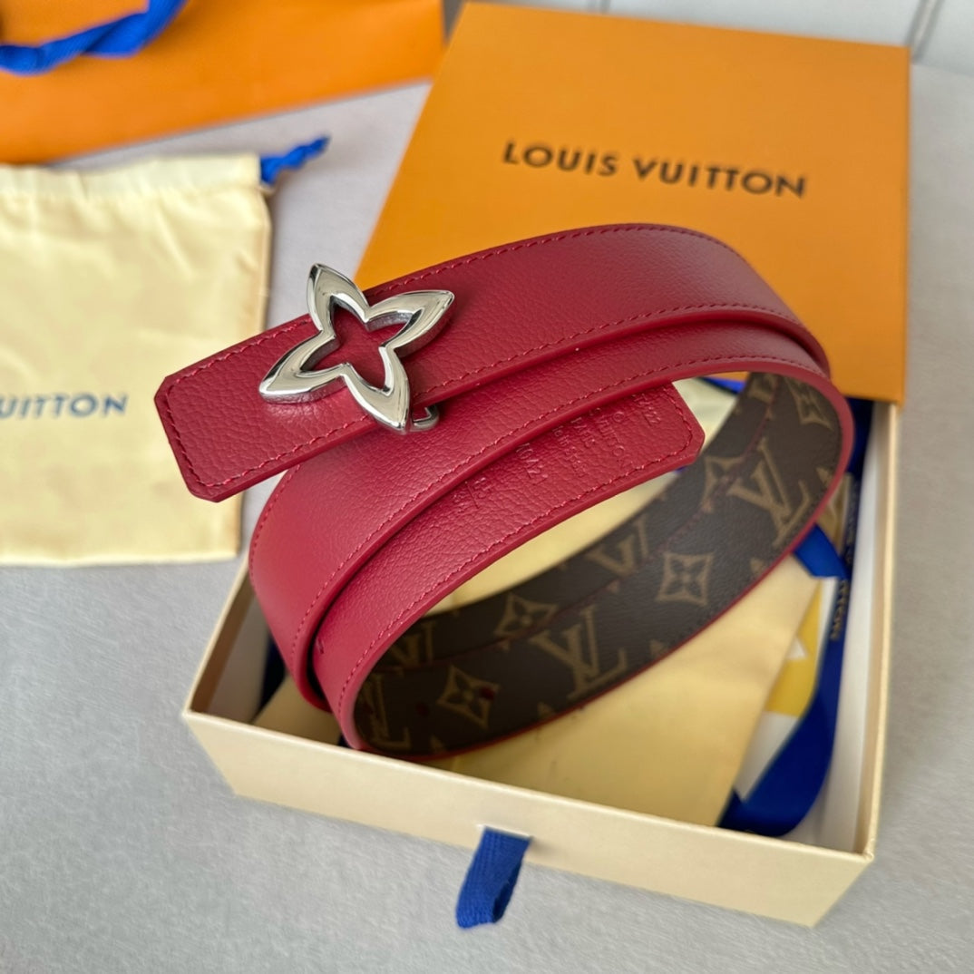 LV Flowergram 30mm Reversible Belt Silver Buckle Burgundy Brown Leather