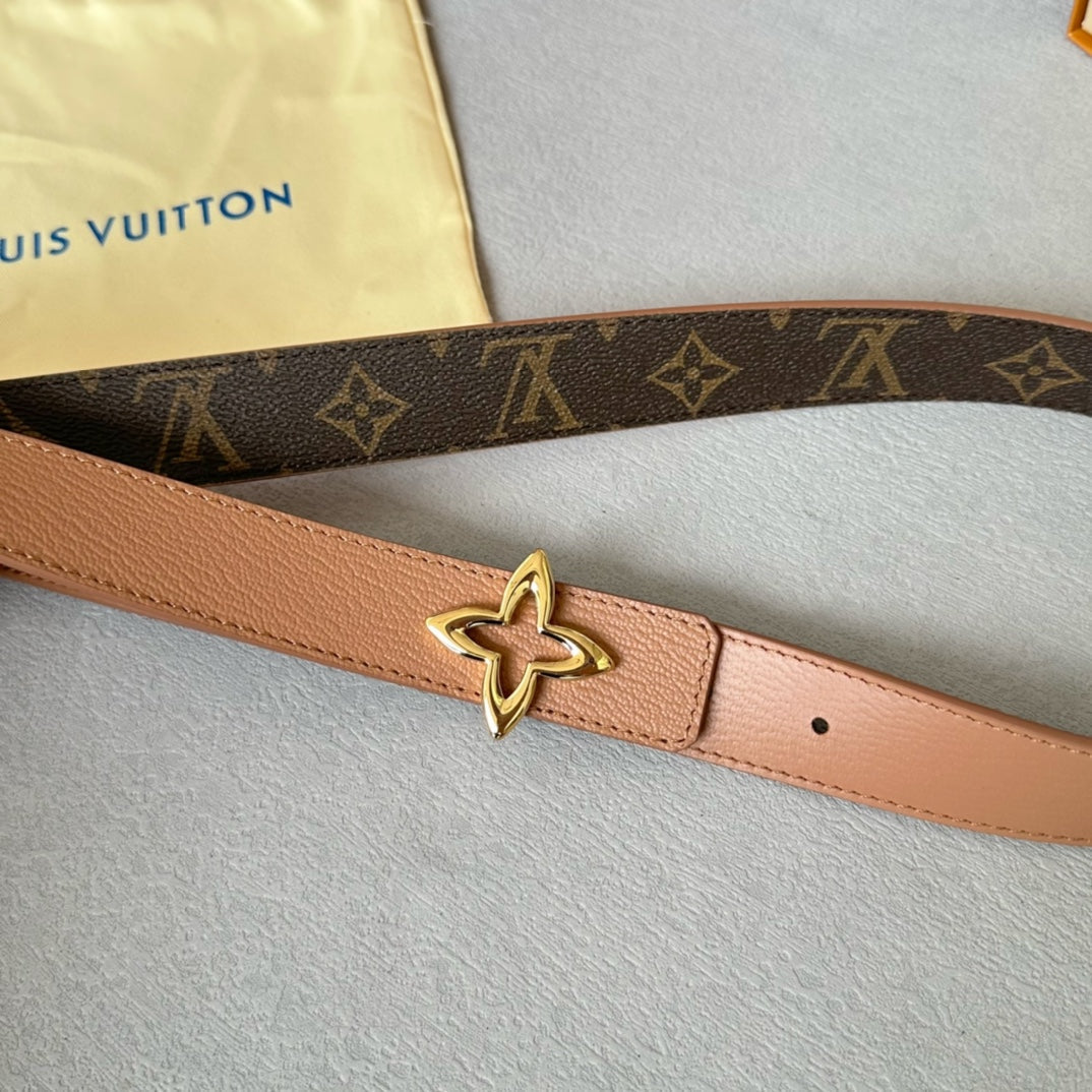 LV MINI FLOWERGRAM 30MM REVERSIBLE BELT IN BUFF BROWN CALFSKIN GOLD HARDWARE