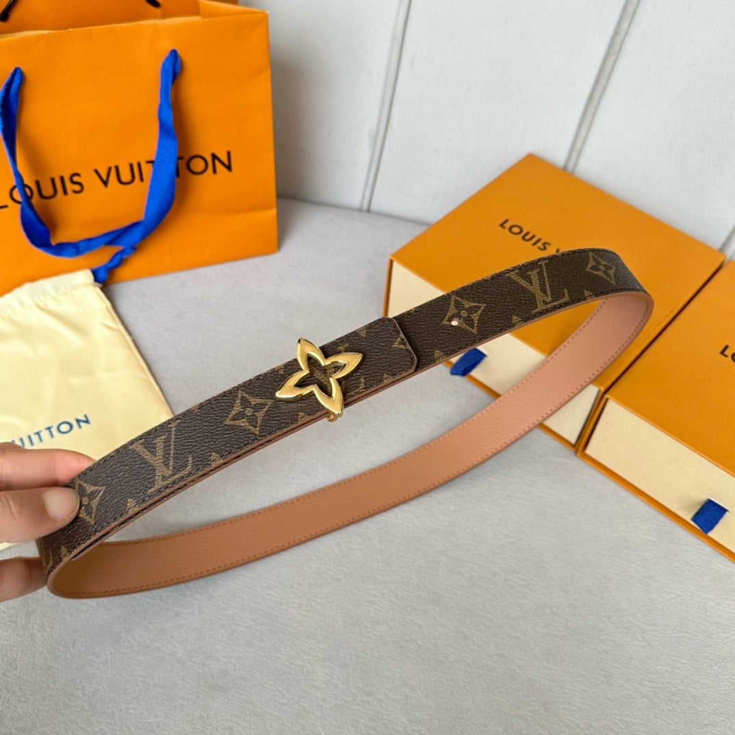 LV MINI FLOWERGRAM 30MM REVERSIBLE BELT IN BUFF BROWN CALFSKIN GOLD HARDWARE