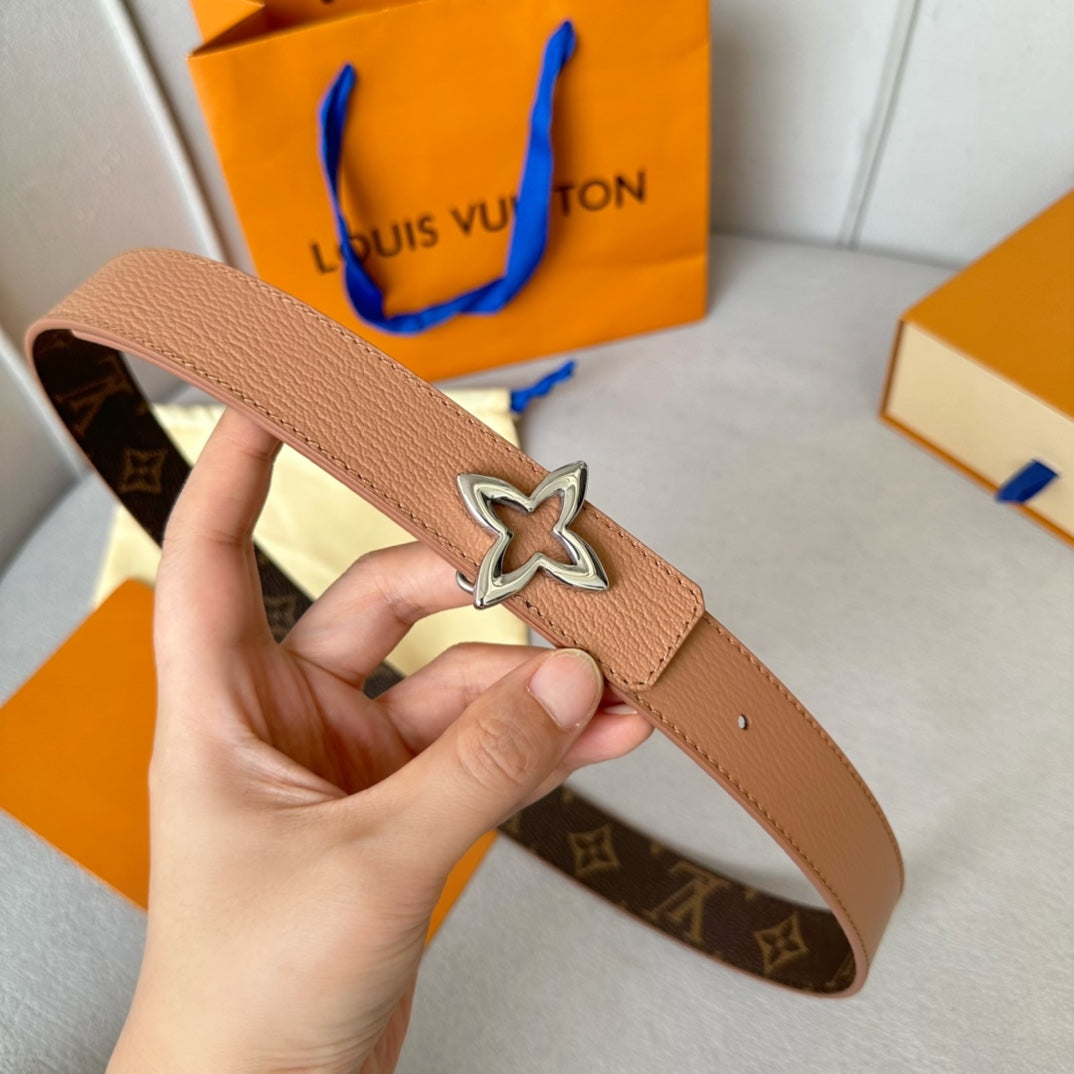 LV MINI FLOWERGRAM 30MM REVERSIBLE BELT IN BUFF BROWN CALFSKIN SILVER HARDWARE