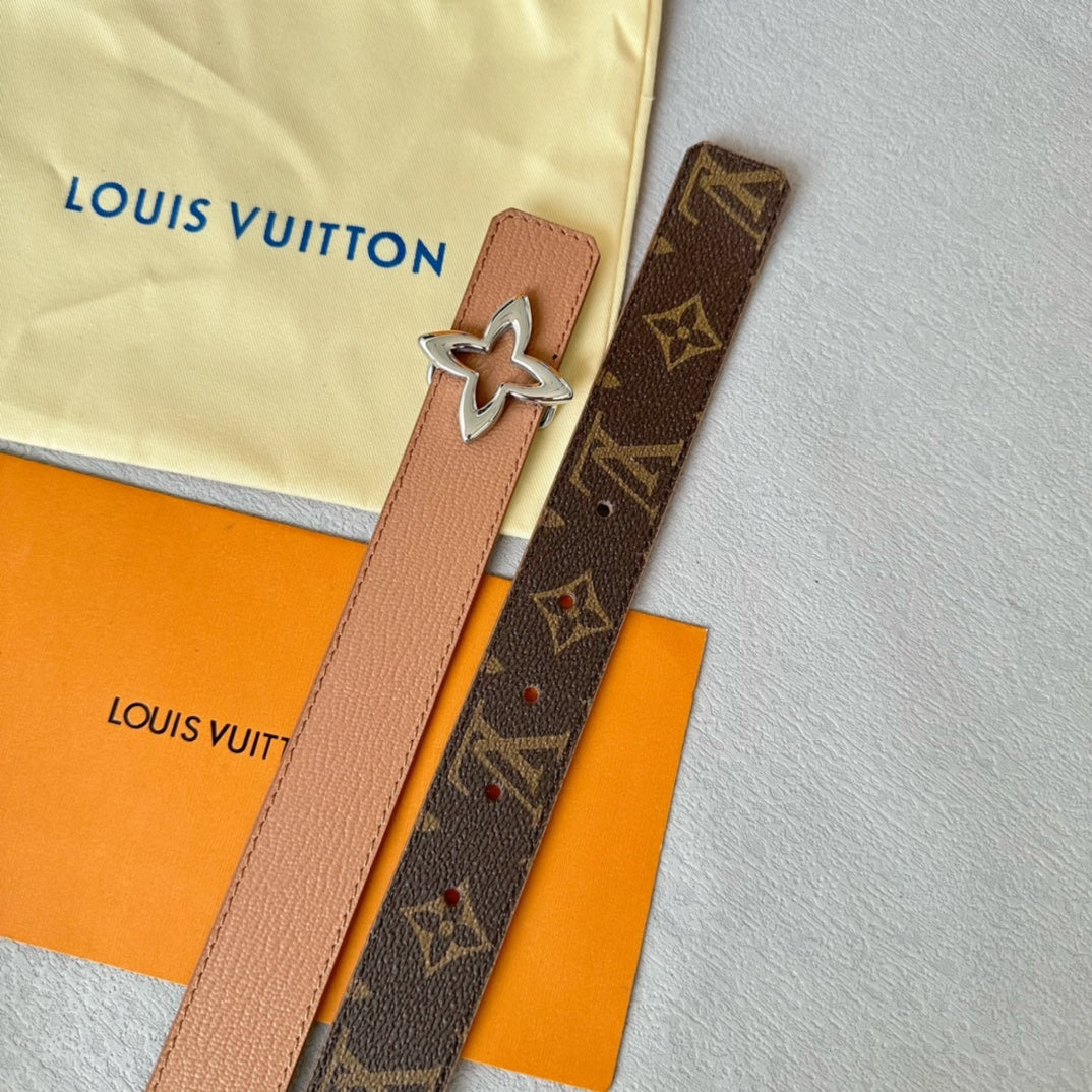 LV MINI FLOWERGRAM 30MM REVERSIBLE BELT IN BUFF BROWN CALFSKIN SILVER HARDWARE