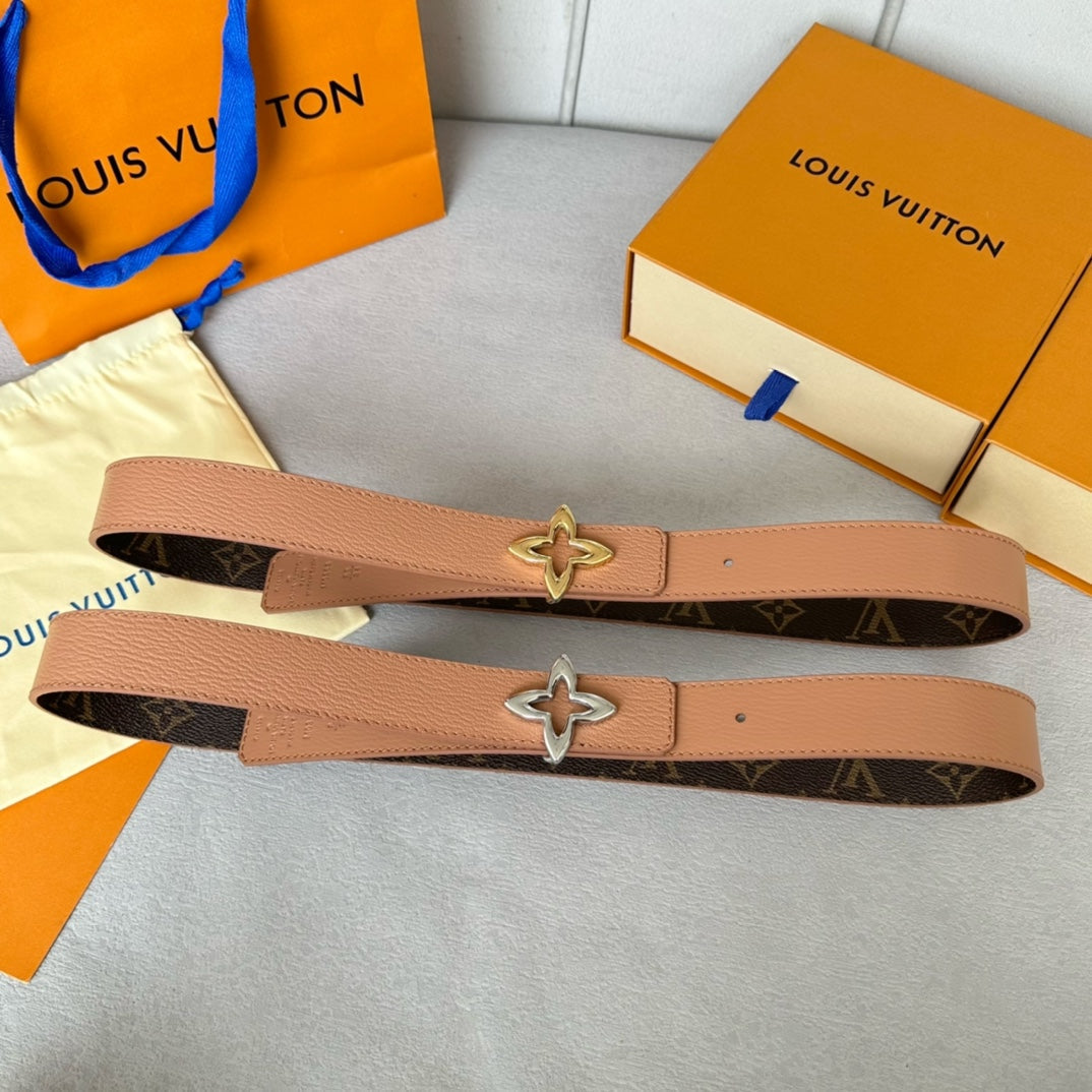 LV MINI FLOWERGRAM 30MM REVERSIBLE BELT IN BUFF BROWN CALFSKIN SILVER HARDWARE
