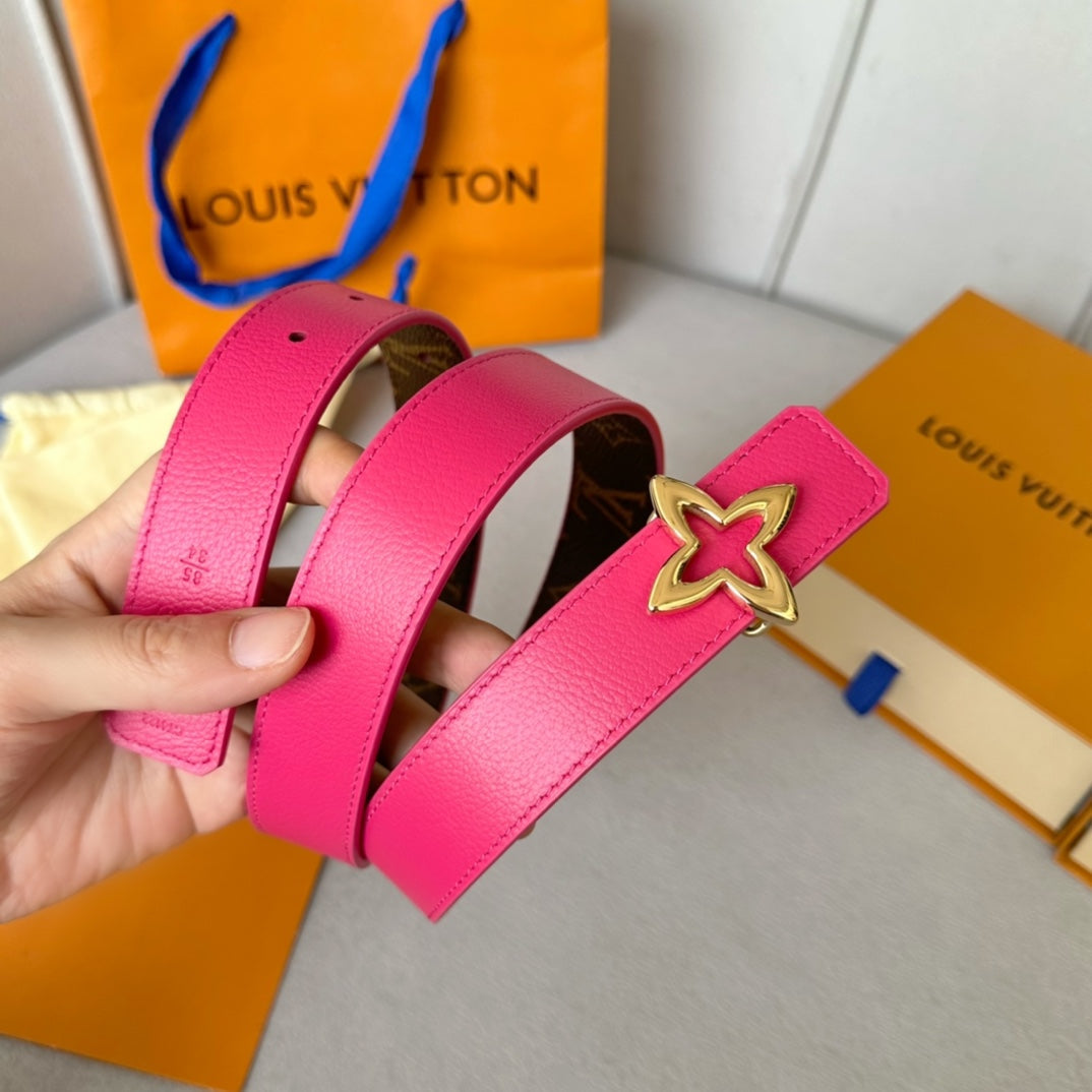 LV MINI FLOWERGRAM 30MM REVERSIBLE BELT IN BRIGHT PINK CALFSKIN GOLD HARDWARE