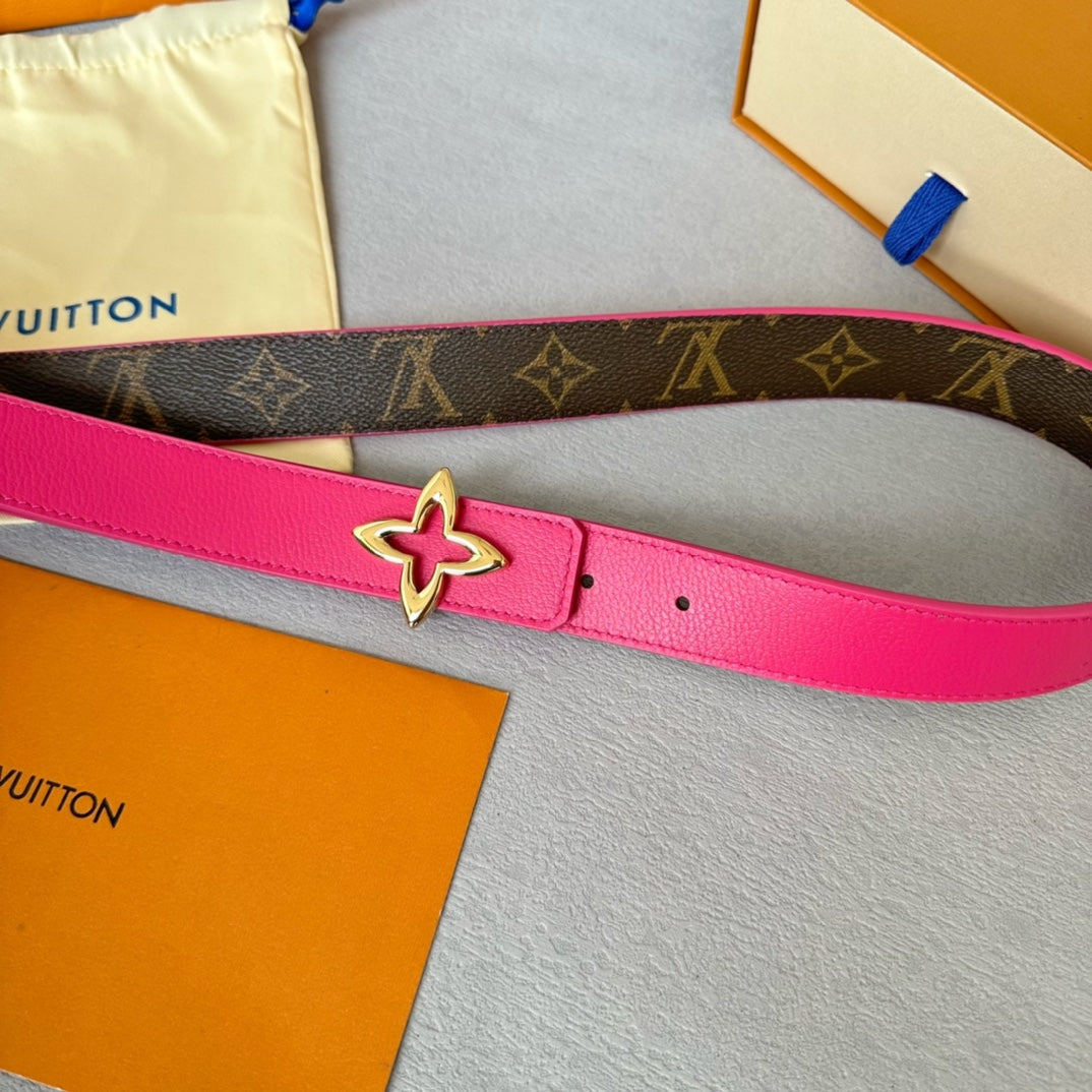 LV Flowergram 30mm Reversible Belt Gold Buckle Hot Pink Brown Leather