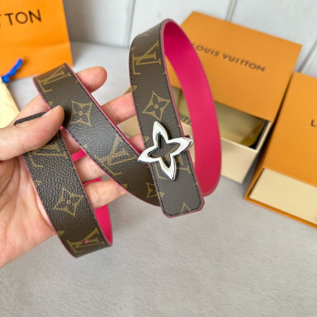 LV MINI FLOWERGRAM 30MM REVERSIBLE BELT IN BRIGHT PINK CALFSKIN SILVER HARDWARE