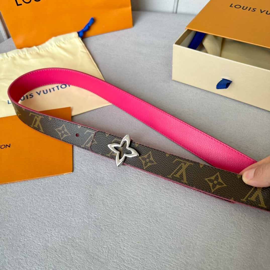 LV MINI FLOWERGRAM 30MM REVERSIBLE BELT IN BRIGHT PINK CALFSKIN SILVER HARDWARE