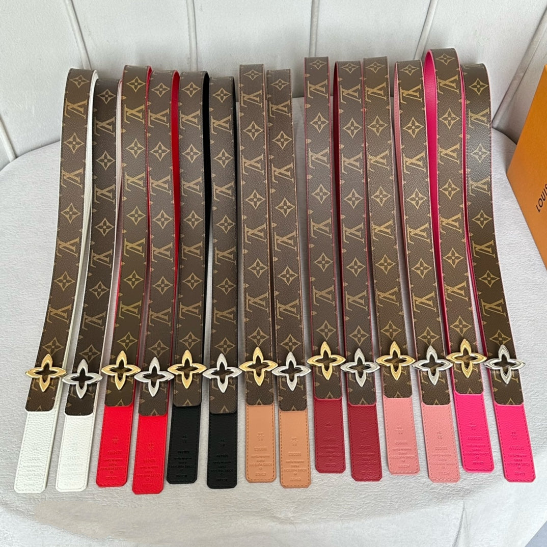 LV Flowergram 30mm Reversible Belt Silver Buckle Pink Brown Leather
