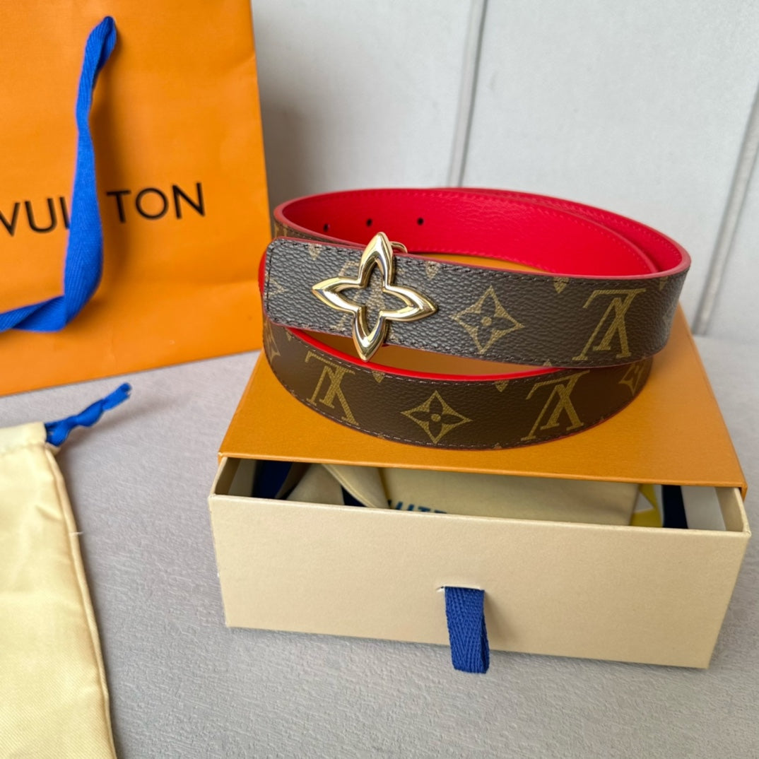 LV MINI FLOWERGRAM 30MM REVERSIBLE BELT IN CHERRY RED CALFSKIN GOLD HARDWARE