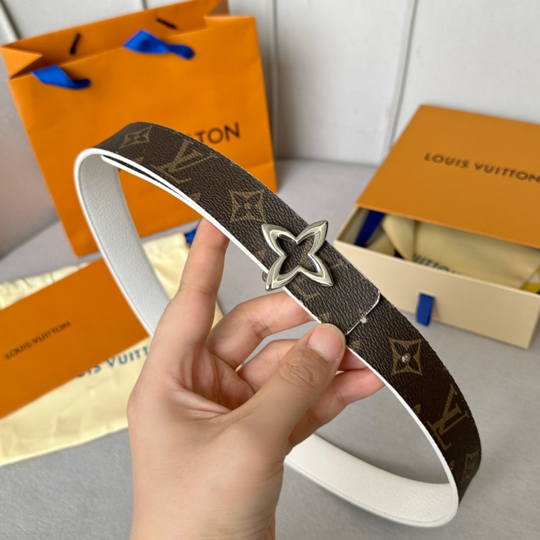 LV MINI FLOWERGRAM 30MM REVERSIBLE BELT IN WHITE CALFSKIN SILVER HARDWARE