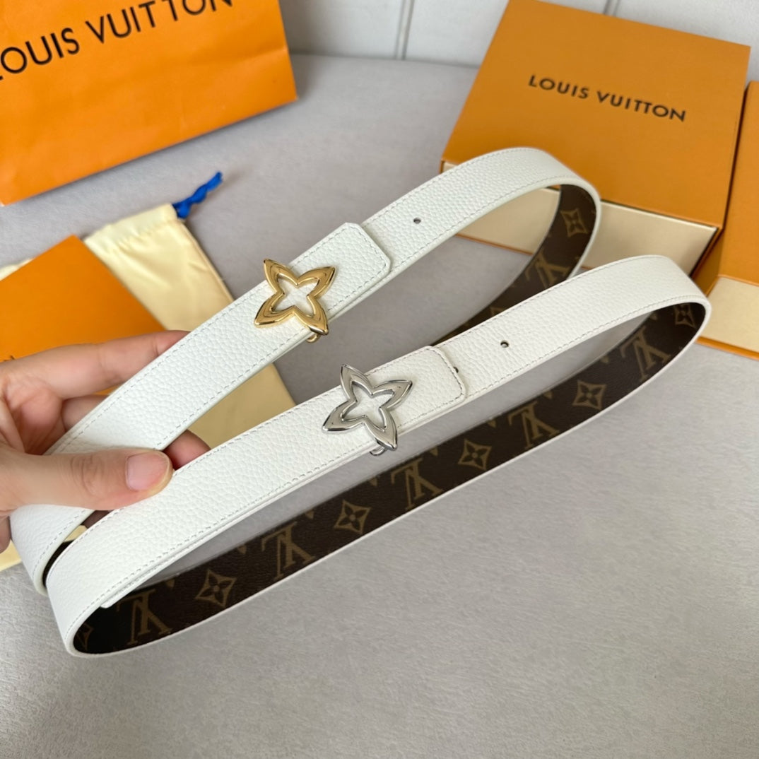 LV MINI FLOWERGRAM 30MM REVERSIBLE BELT IN WHITE CALFSKIN SILVER HARDWARE