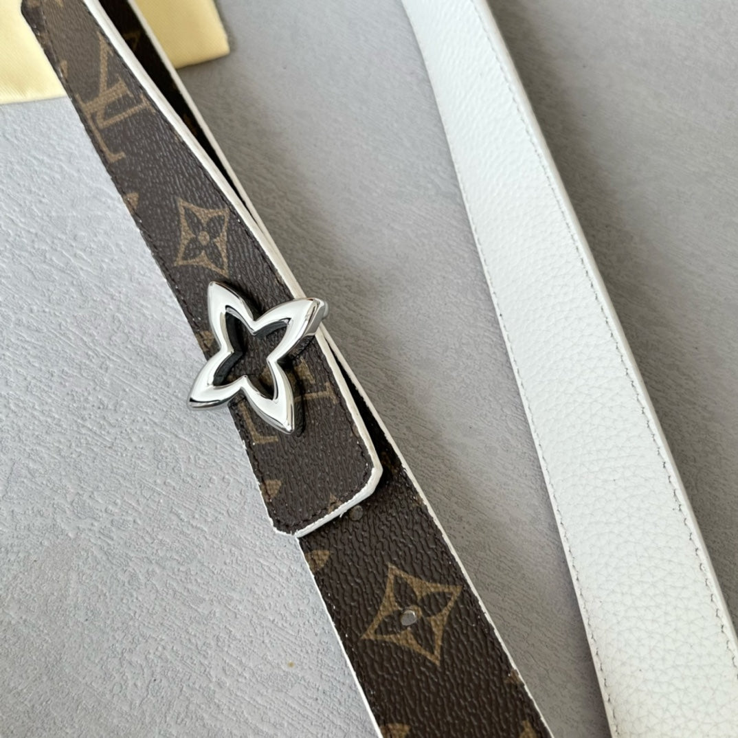 LV MINI FLOWERGRAM 30MM REVERSIBLE BELT IN WHITE CALFSKIN SILVER HARDWARE