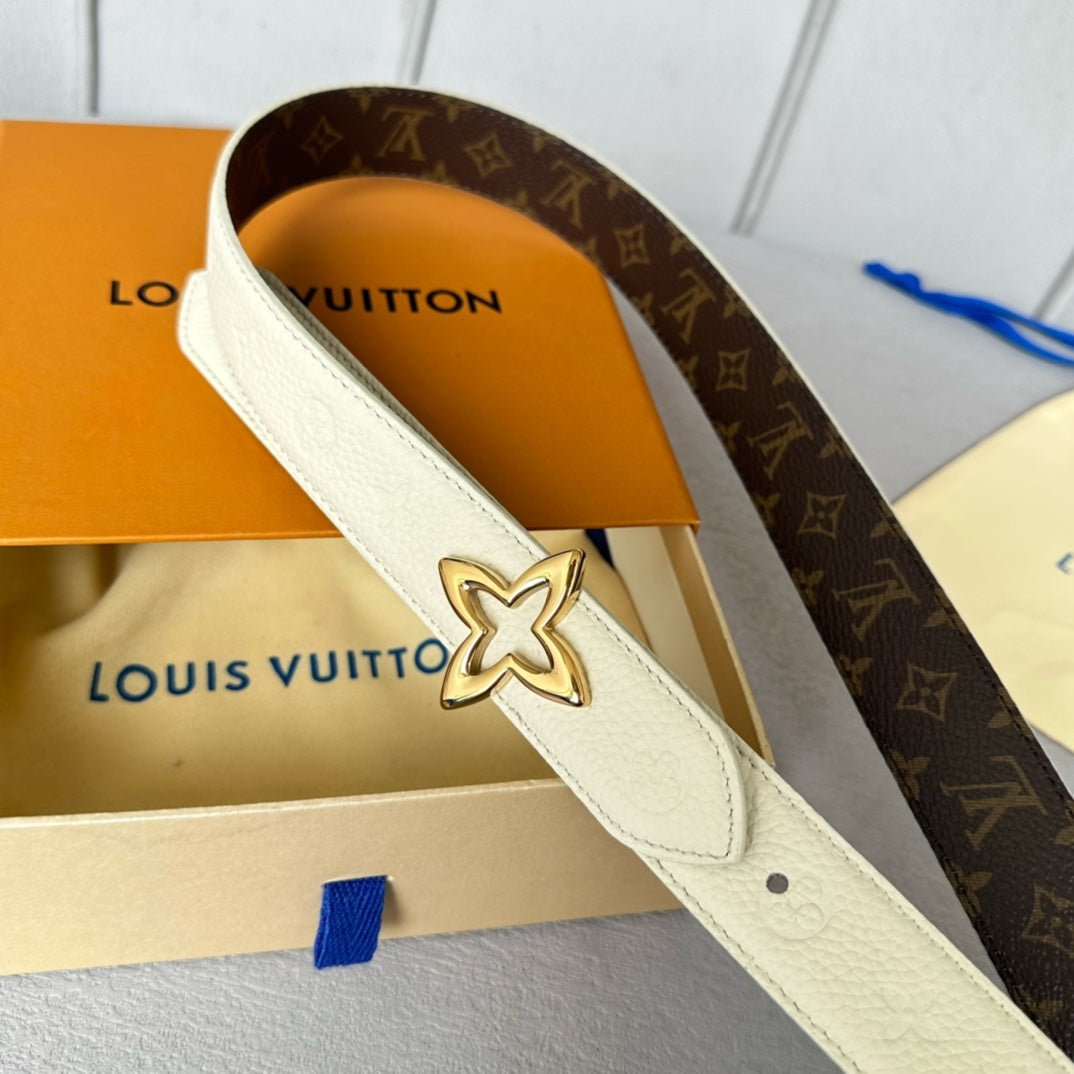 LV MINI FLOWERGRAM 30MM REVERSIBLE BELT IN WHITE EMBOSSED CALFSKIN GOLD HARDWARE