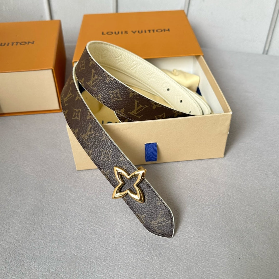 LV MINI FLOWERGRAM 30MM REVERSIBLE BELT IN WHITE EMBOSSED CALFSKIN GOLD HARDWARE