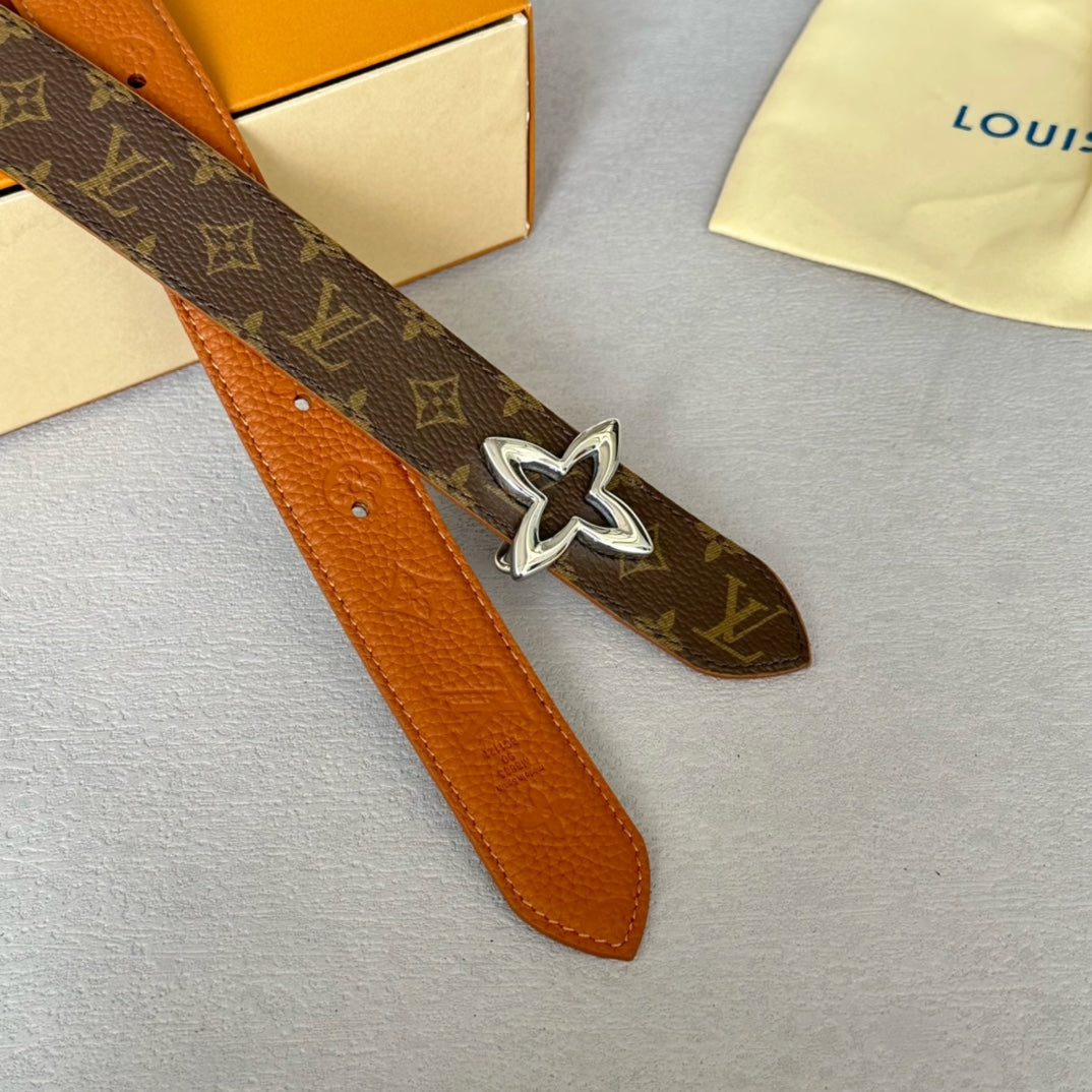 LV MINI FLOWERGRAM 30MM REVERSIBLE BELT IN BRONZE BROWN EMBOSSED CALFSKIN SILVER HARDWARE