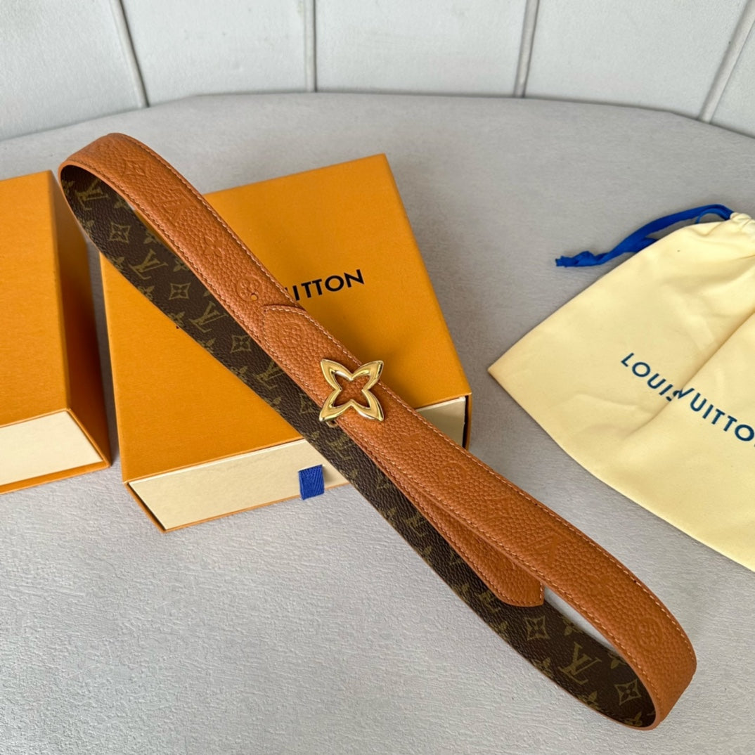 LV MINI FLOWERGRAM 30MM REVERSIBLE BELT IN BRONZE BROWN EMBOSSED CALFSKIN GOLD HARDWARE