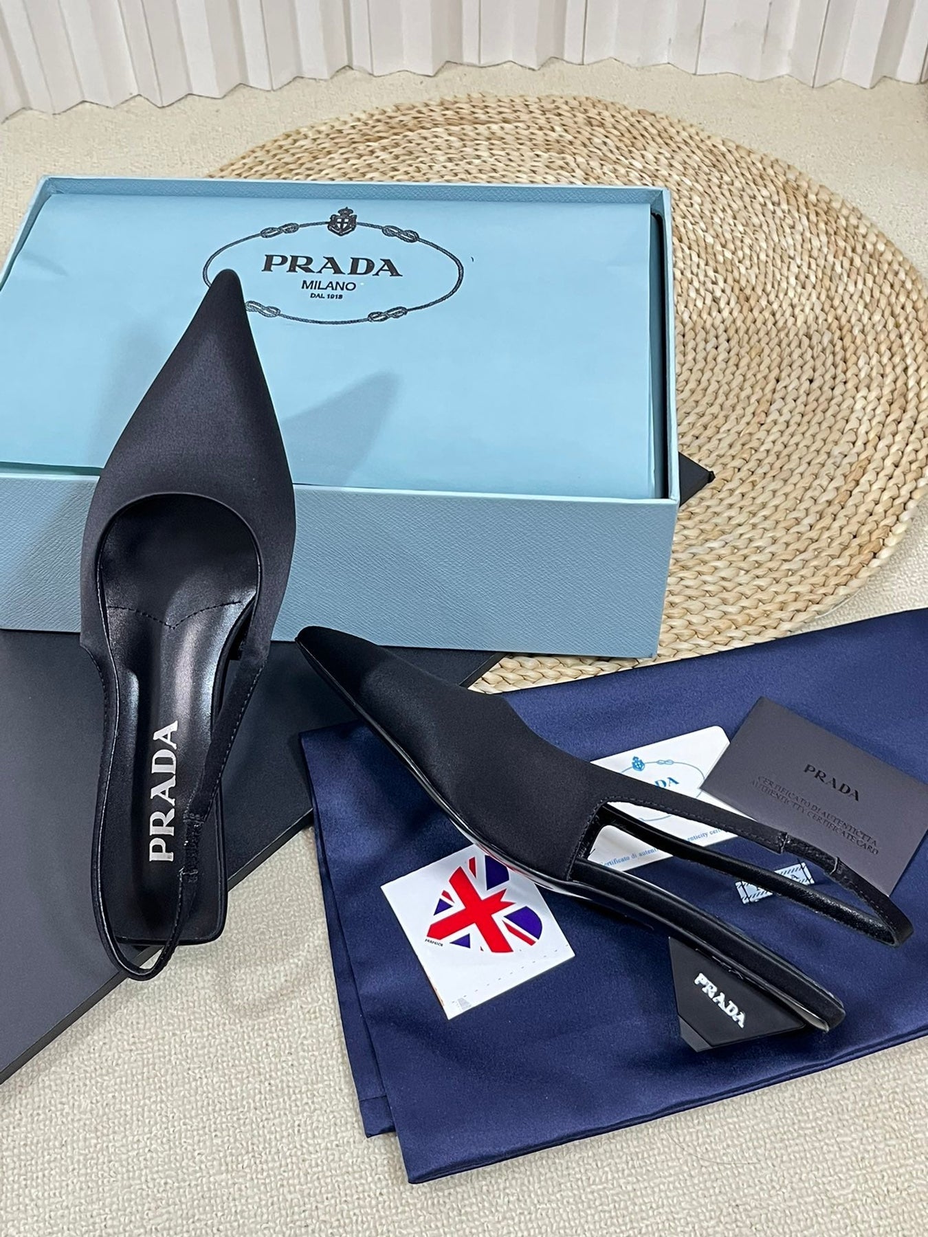 PRA POINTED TOE SLINGBACK PUMPS BLACK SATIN