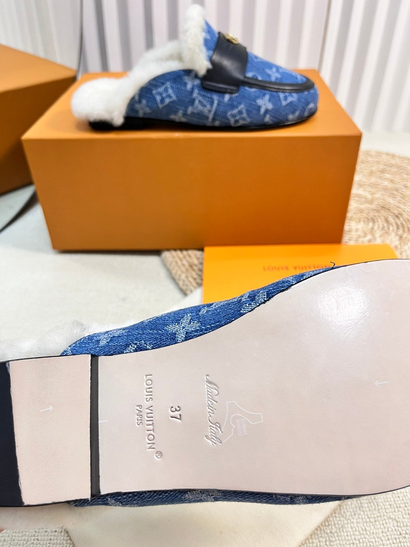 FLAT MULE IN COBALT BLUE MONOGRAM DENIM AND SHEARLING LINING