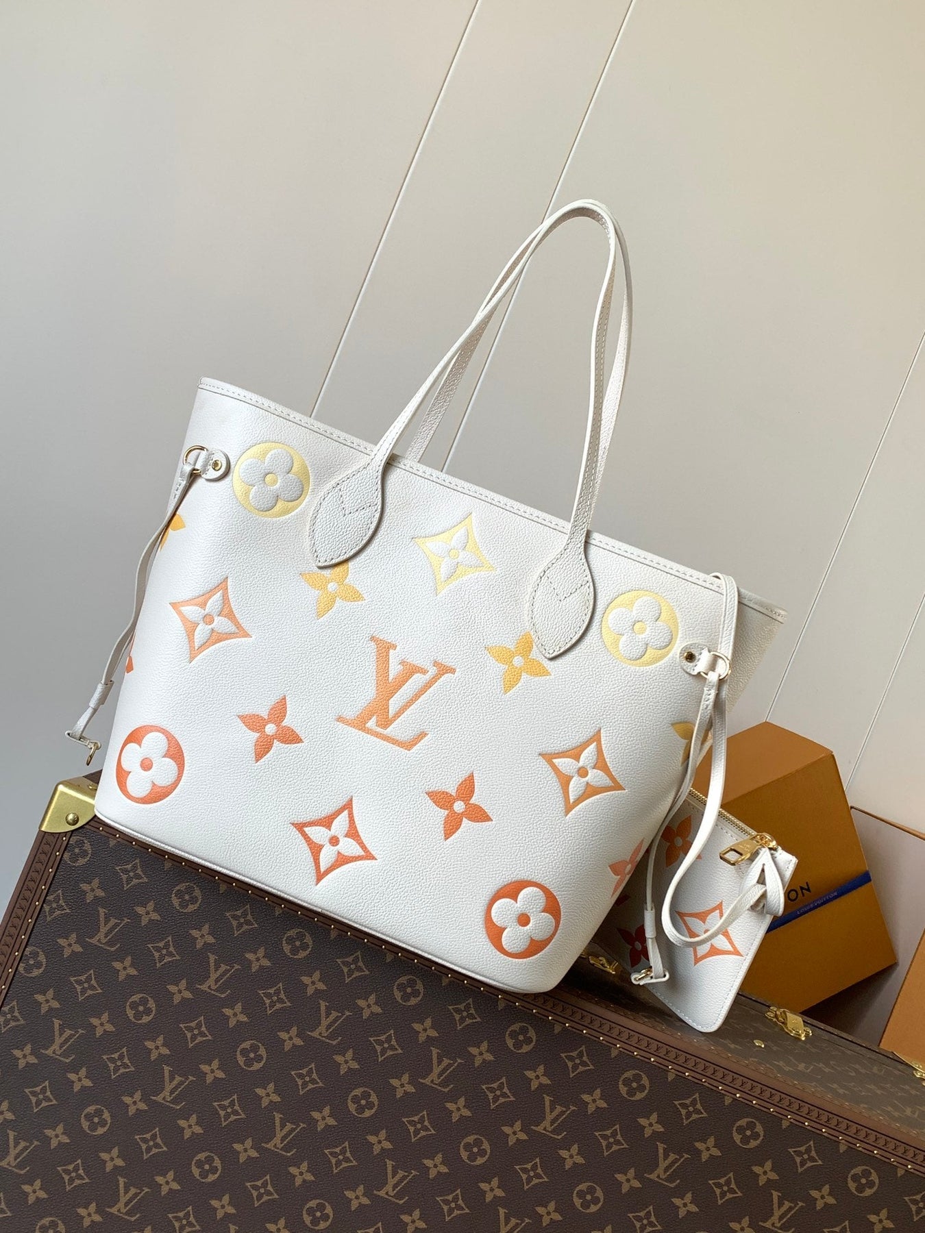 NEVERFULL MM TOTE BAG 32 IN WHITE MIX ORANGE CALFSKIN