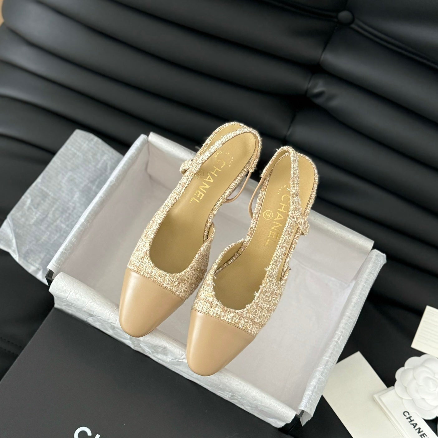 CLASSIC HIGH SLINGBACK CORN YELLOW TWEEDS AND CALFSKIN