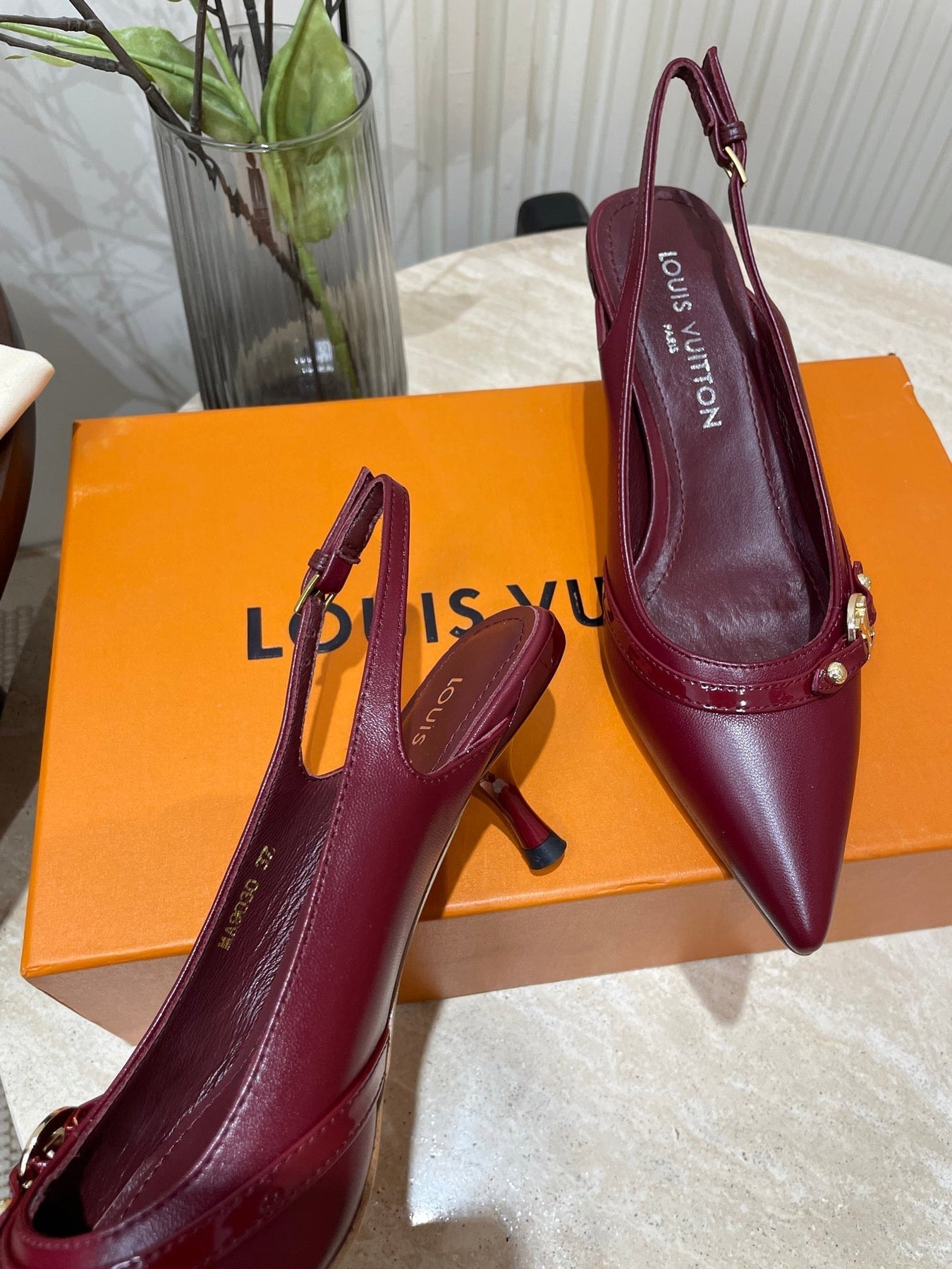 HIGH SLINGBACKS 5 CM IN BURGUNDY RED CALFSKIN