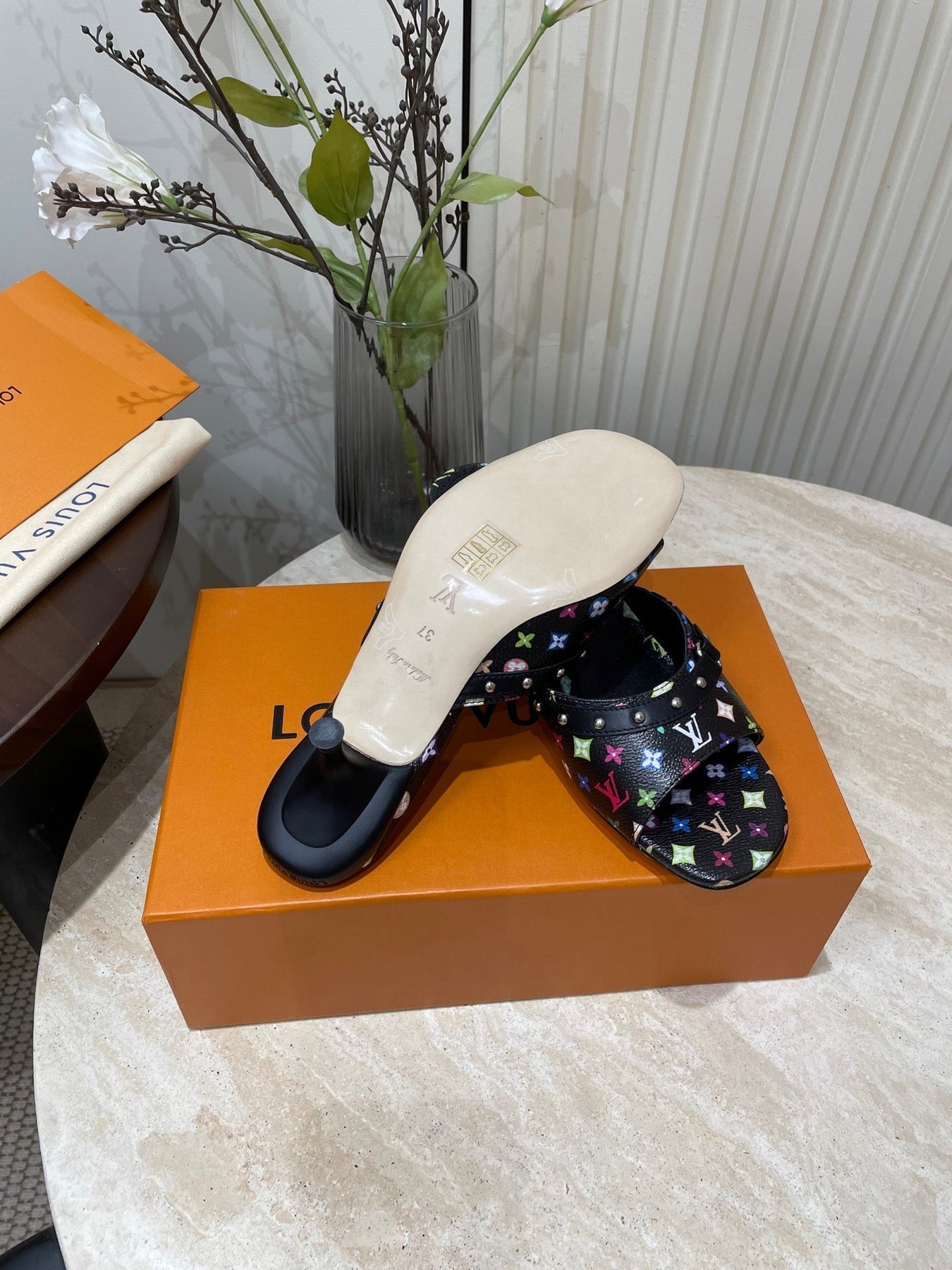HIGH 5 CM MULES IN BLACK MONOGRAM LAMBSKIN
