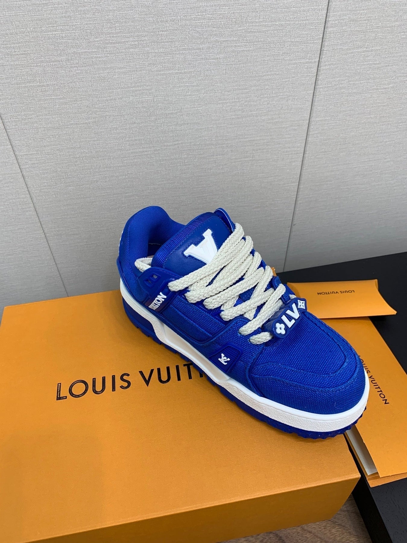 LV WOMEN'S TRAINER IN COBALT BLUE JACQUARD AND CALFSKIN