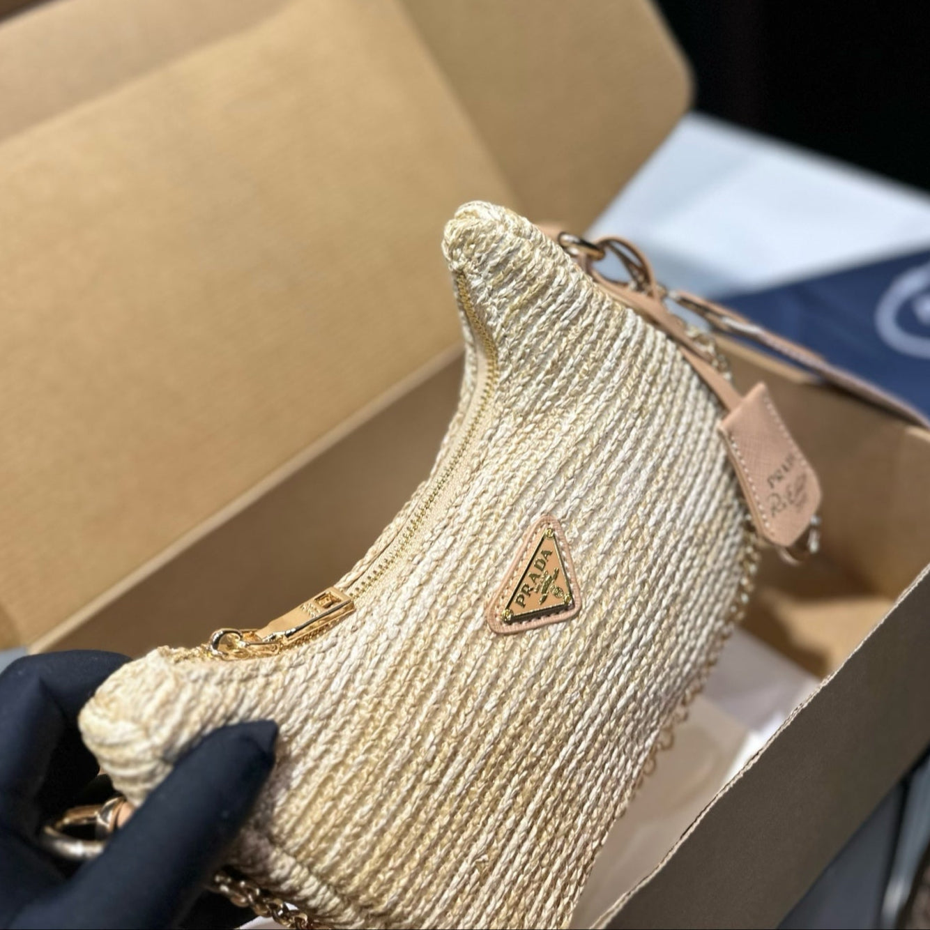 HOBO CROCHET MINI BAG 20 IN BEIGE WOVEN RAFFIA GOLD HARDWARE