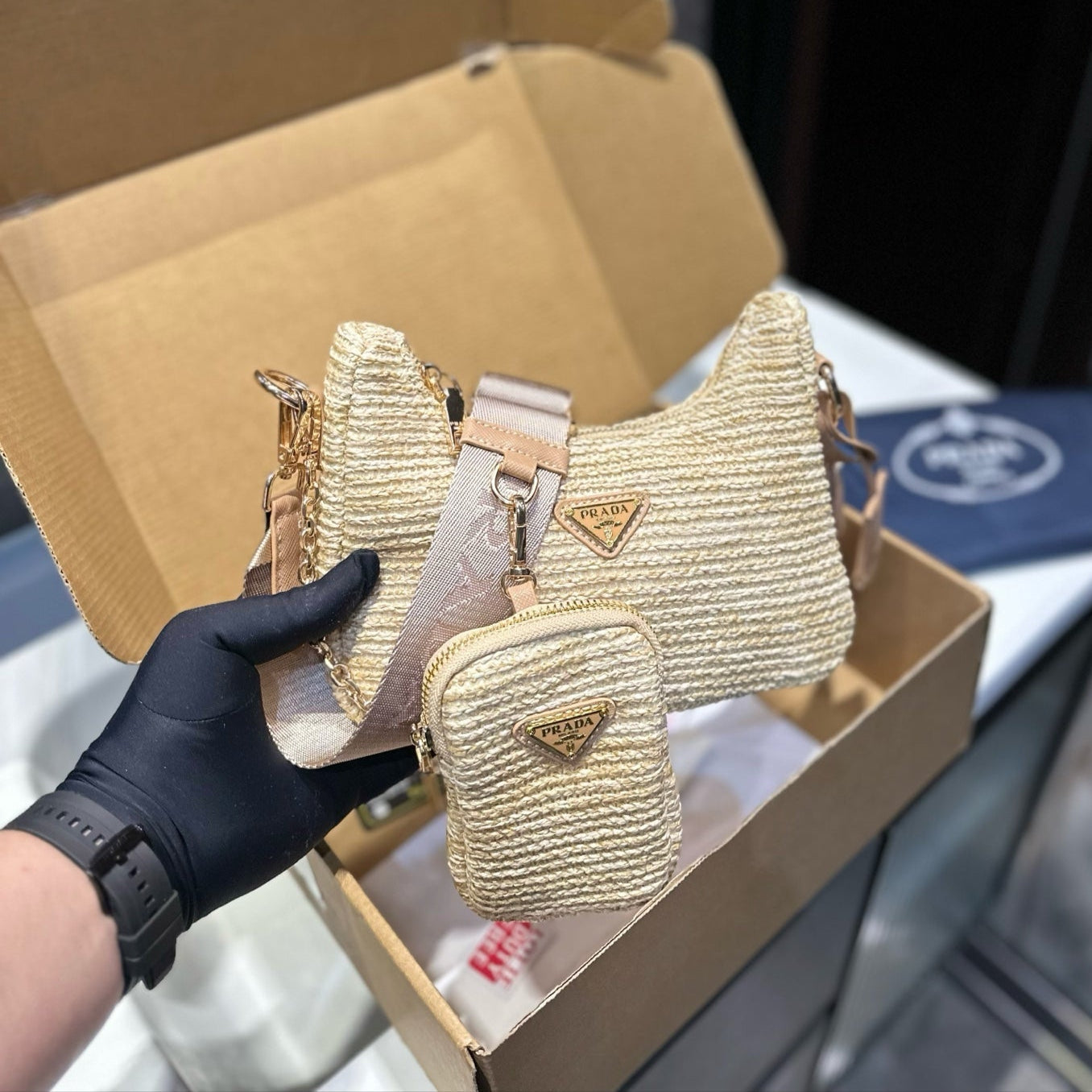 HOBO CROCHET MINI BAG 20 IN BEIGE WOVEN RAFFIA GOLD HARDWARE