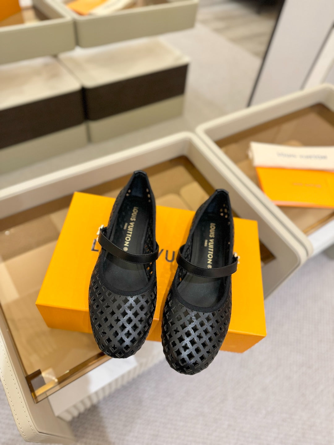 ROMY FLAT BALLERINA IN BLACK MESH CALFSKIN