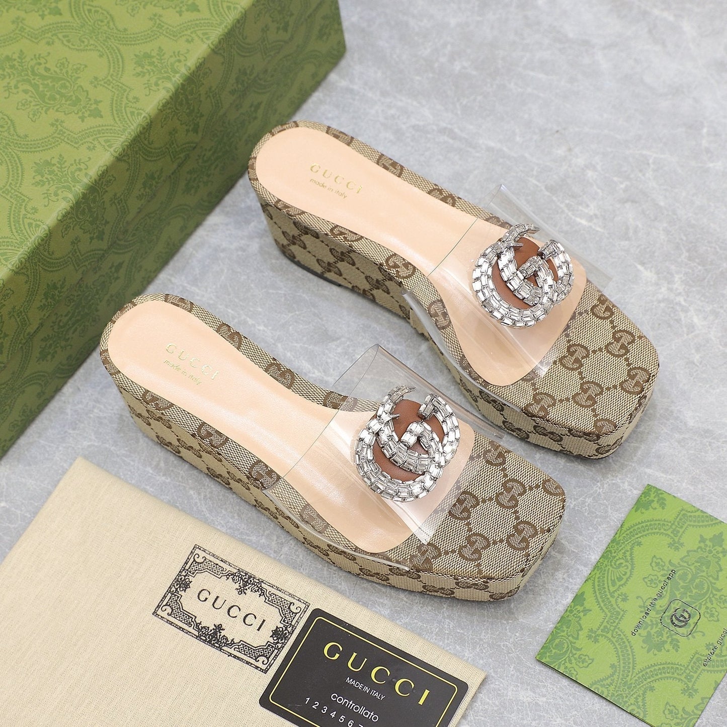 HIGH WEDGE PLATFORM IN CAMEL BEIGE CANVAS WITH DOUBLE CRYSTAL G BUCKLE
