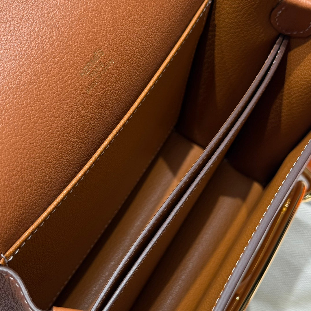HM ROULIS 18 MINI BAG IN TAWNY BROWN CALFSKIN GOLD-TONE HARDWARE