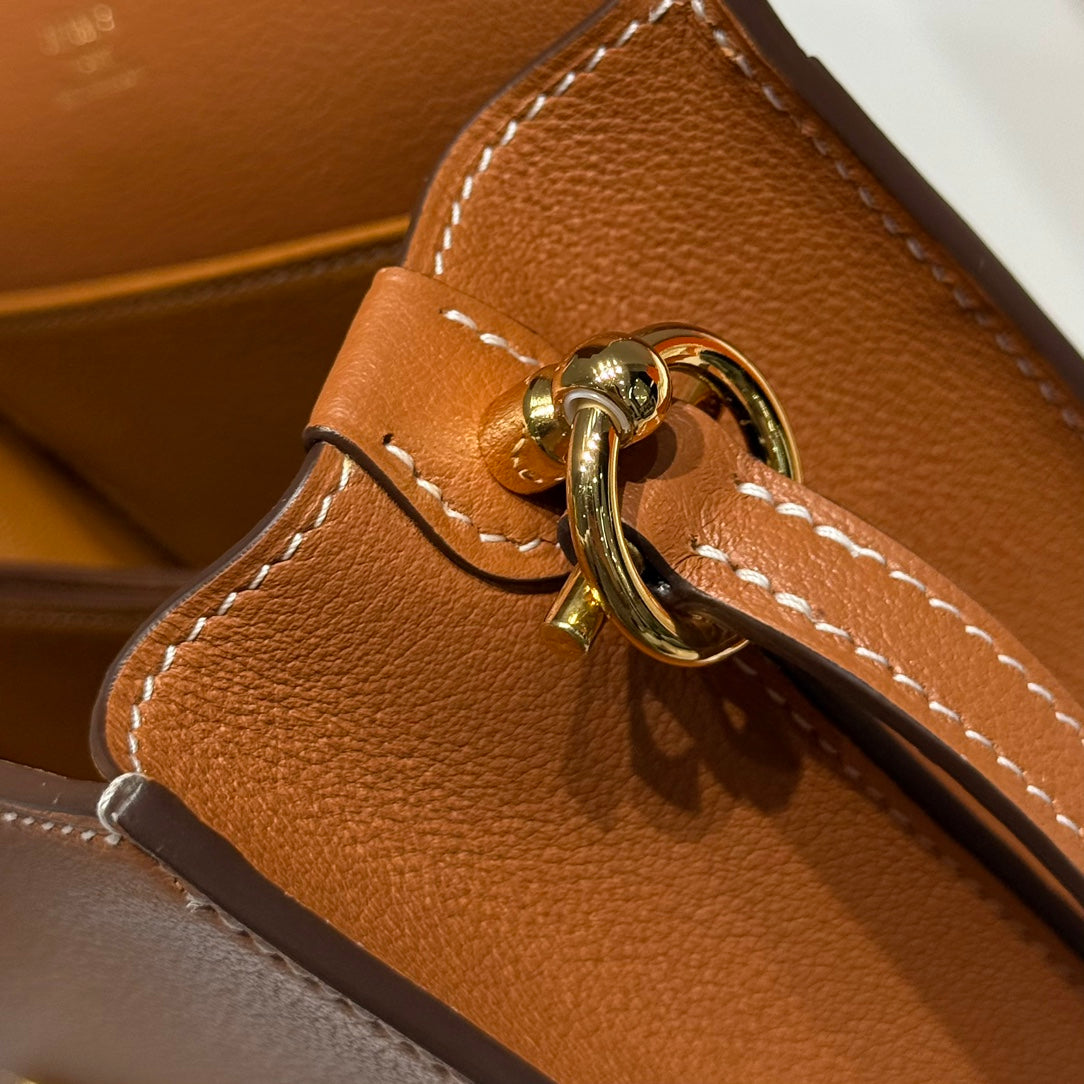 HM ROULIS 18 MINI BAG IN TAWNY BROWN CALFSKIN GOLD-TONE HARDWARE