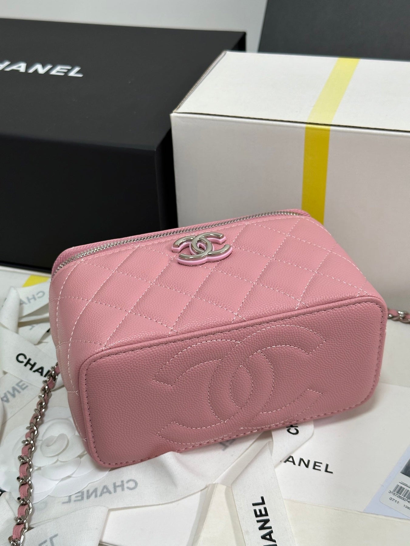 MINI VANITY TOP HANDLE CASE 17 IN PINK CAVIAR SKIN SILVER-TONE PLATED METAL