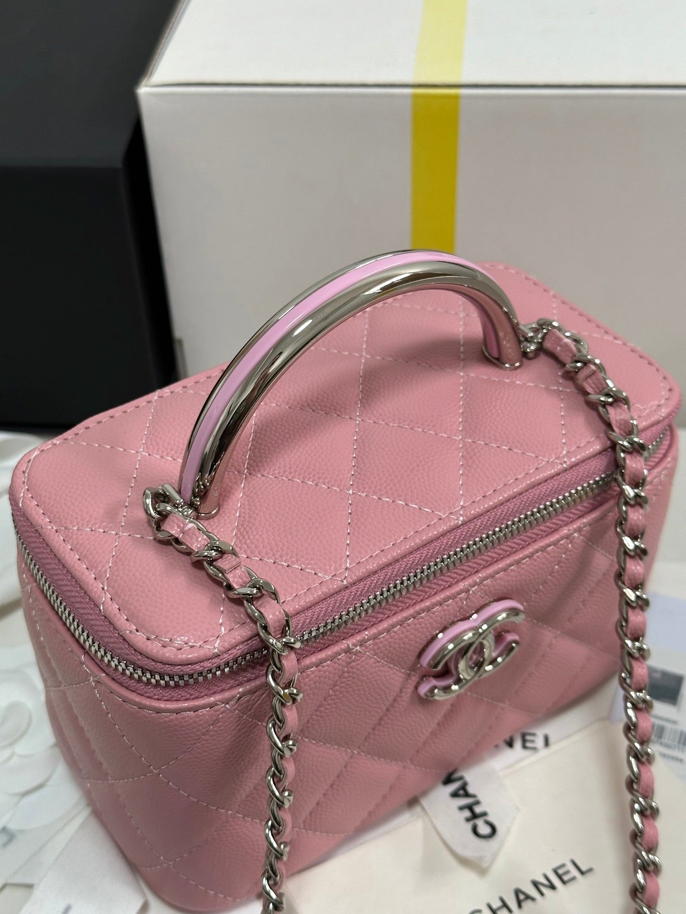 MINI VANITY TOP HANDLE CASE 17 IN PINK CAVIAR SKIN SILVER-TONE PLATED METAL