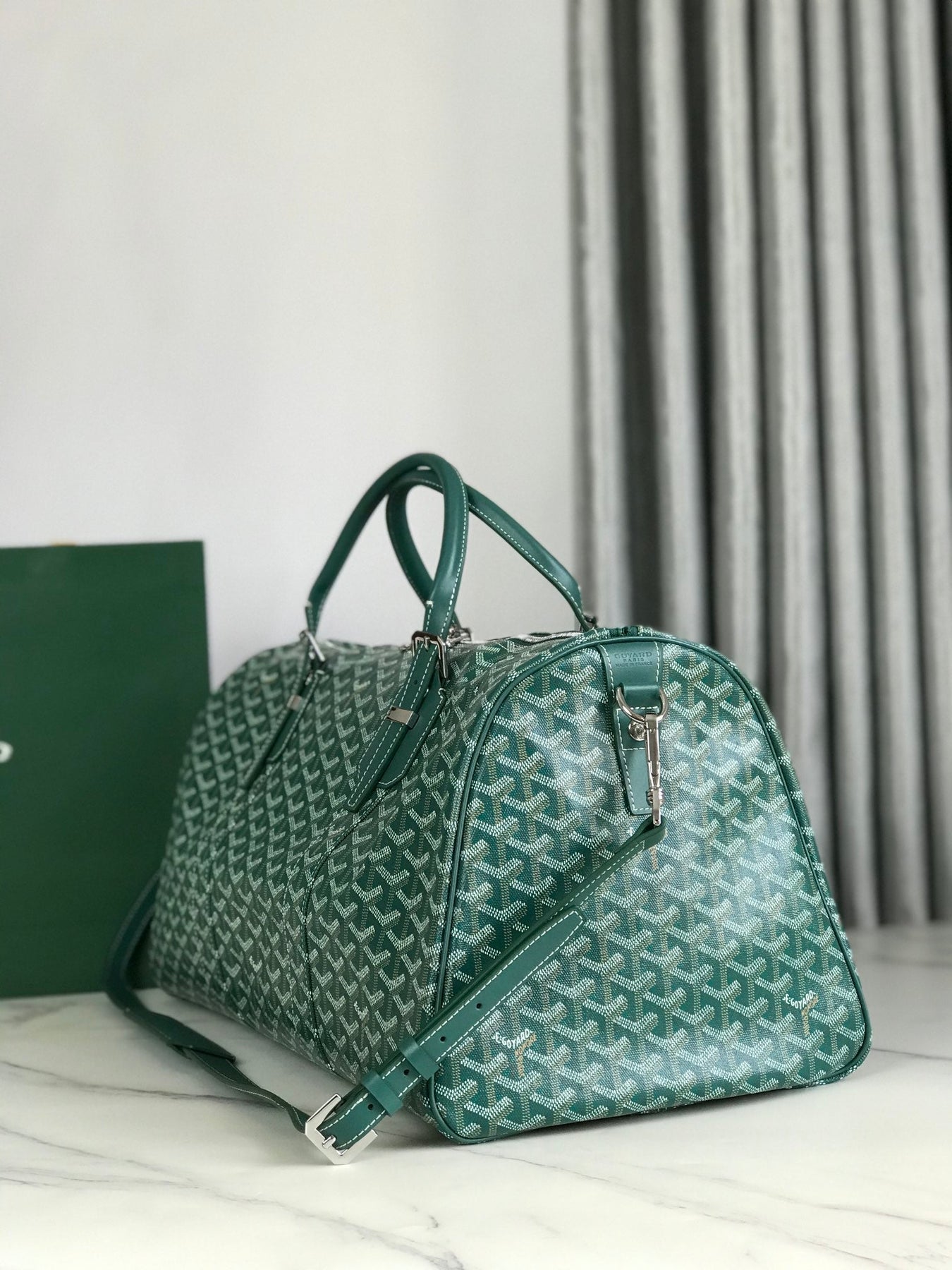 BOSTON 50 BAG IN GREEN GOYARDINE CANVAS AND CALFSKIN TRIM