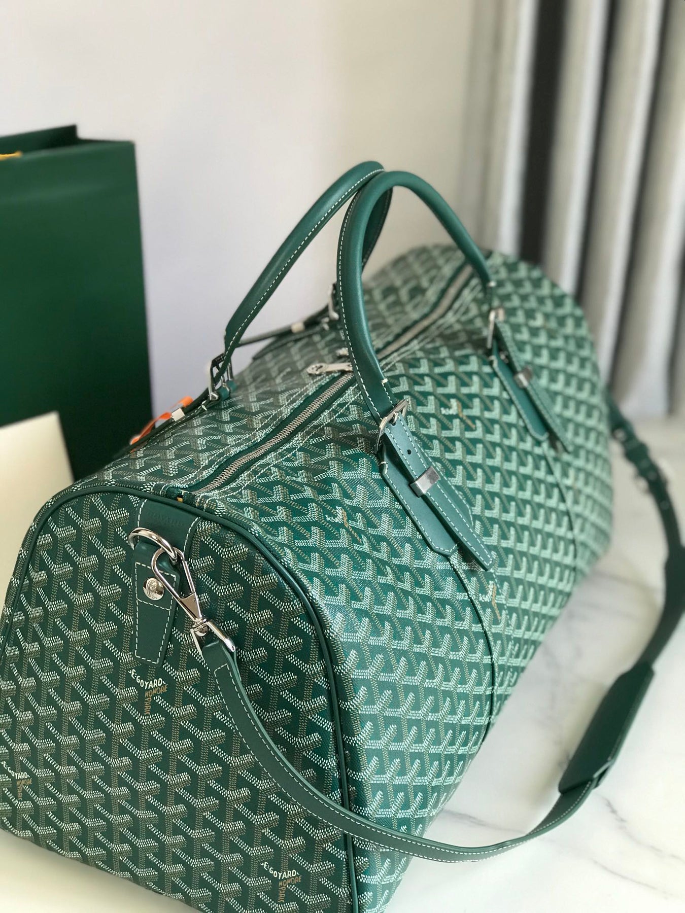 BOSTON 50 BAG IN GREEN GOYARDINE CANVAS AND CALFSKIN TRIM